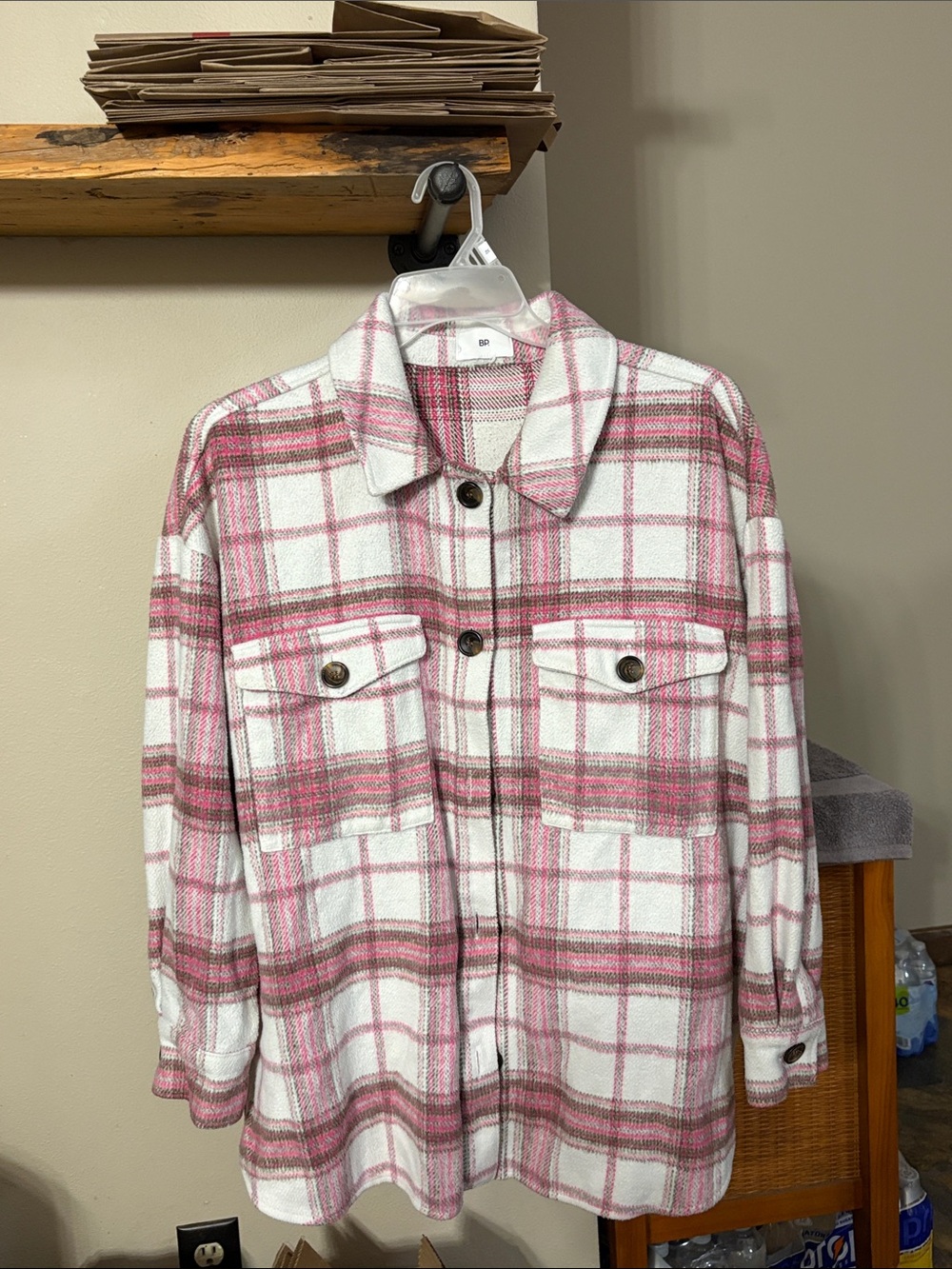 Women’s Pink Plaid Shacket with Button Pockets